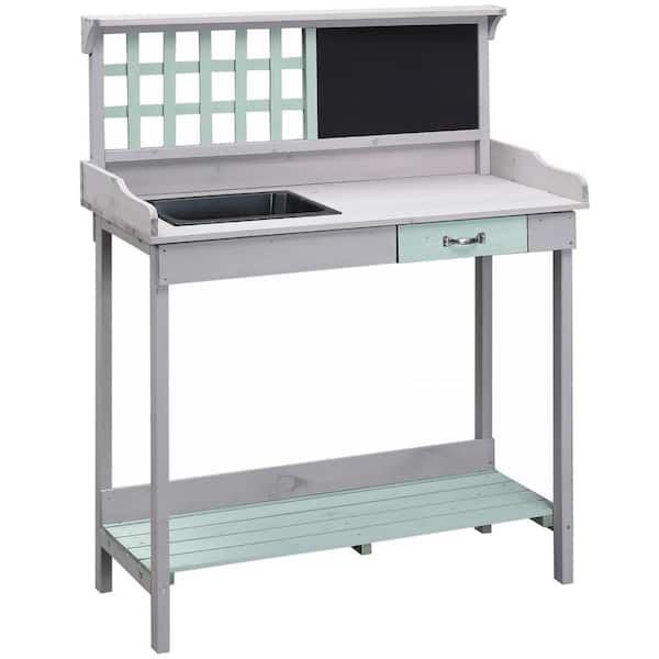 Zeus & Ruta 47 in. H x 36.25 in. W x 16.75 in. D Gray Wooden Garden Potting Bench Table with Chalkboard, Drawer, Open Shelf Storage