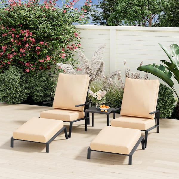 PamaPic 5-Piece Metal Outdoor Patio Sofa Seating Group Chaise Lounge with Beige Cushions and Ottomans