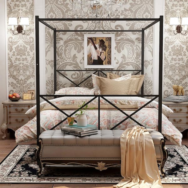 Seafuloy 83.08 in. W Black Metal Canopy Bed Frame with X Shaped