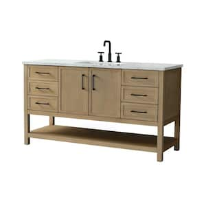 Oliver 60 in. W Bath Vanity in Light Oak with Engineered Stone Top in Arabescato with White Sink