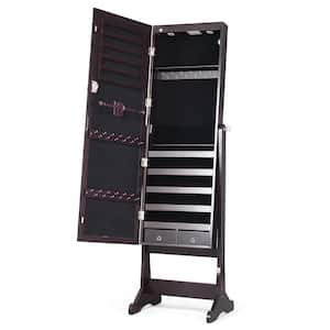 Brown Wood 16 in. Lockable Mirrored Jewelry Cabinet Armoire Organizer Storage w/Stand & LED Lights