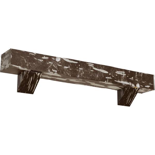 Ekena Millwork 8 in. x 8 in. x 4 ft. Pecky Cypress Faux Wood Fireplace Mantel Kit, Breckinridge Corbels, Vintage Mahogany