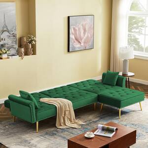 110 in. Green Velvet Upholstered Twin Sleeper Size L-Shaped Couch Reversible Sectional Sofa Bed with Movable Ottoman