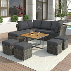 10-Piece Wicker Patio Conversation Set with Gray Cushions, Ottomans and Solid Wood Coffee Table