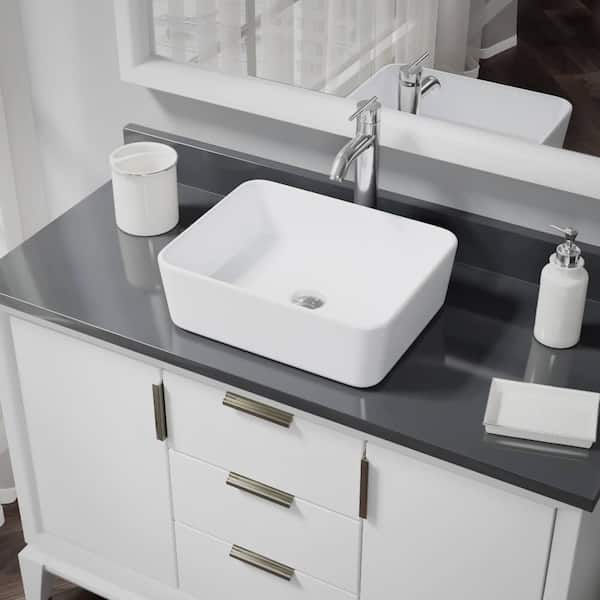 Rene Porcelain Vessel Sink in White with 7001 Faucet and Pop-Up Drain in Chrome