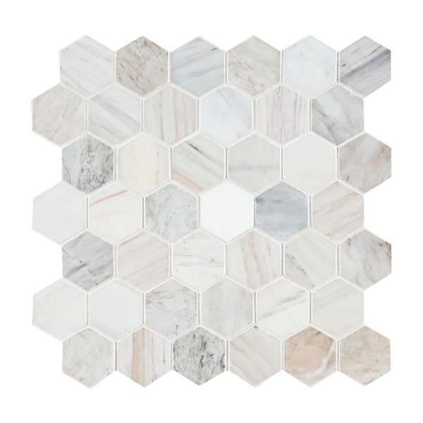 Angora 2 in. Hex 12 in. x 12 in. x 0.38 in. Polished Marble Mesh-Mounted Mosaic Floor and Wall Tile (0.98 sq. ft./Each)