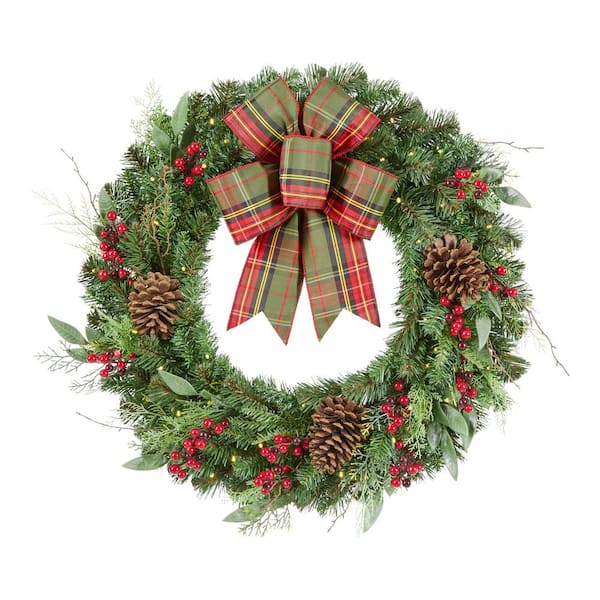 30 in. Woodmoore Battery Operated Mixed Pine LED Pre-Lit Artificial Wreath with Timer