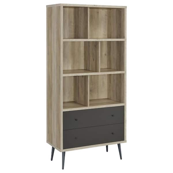 Maeve 70 in. Tall Antique Pine and Gray Engineered Wood 3-Shelf Modern Standard Bookcase with-Drawers