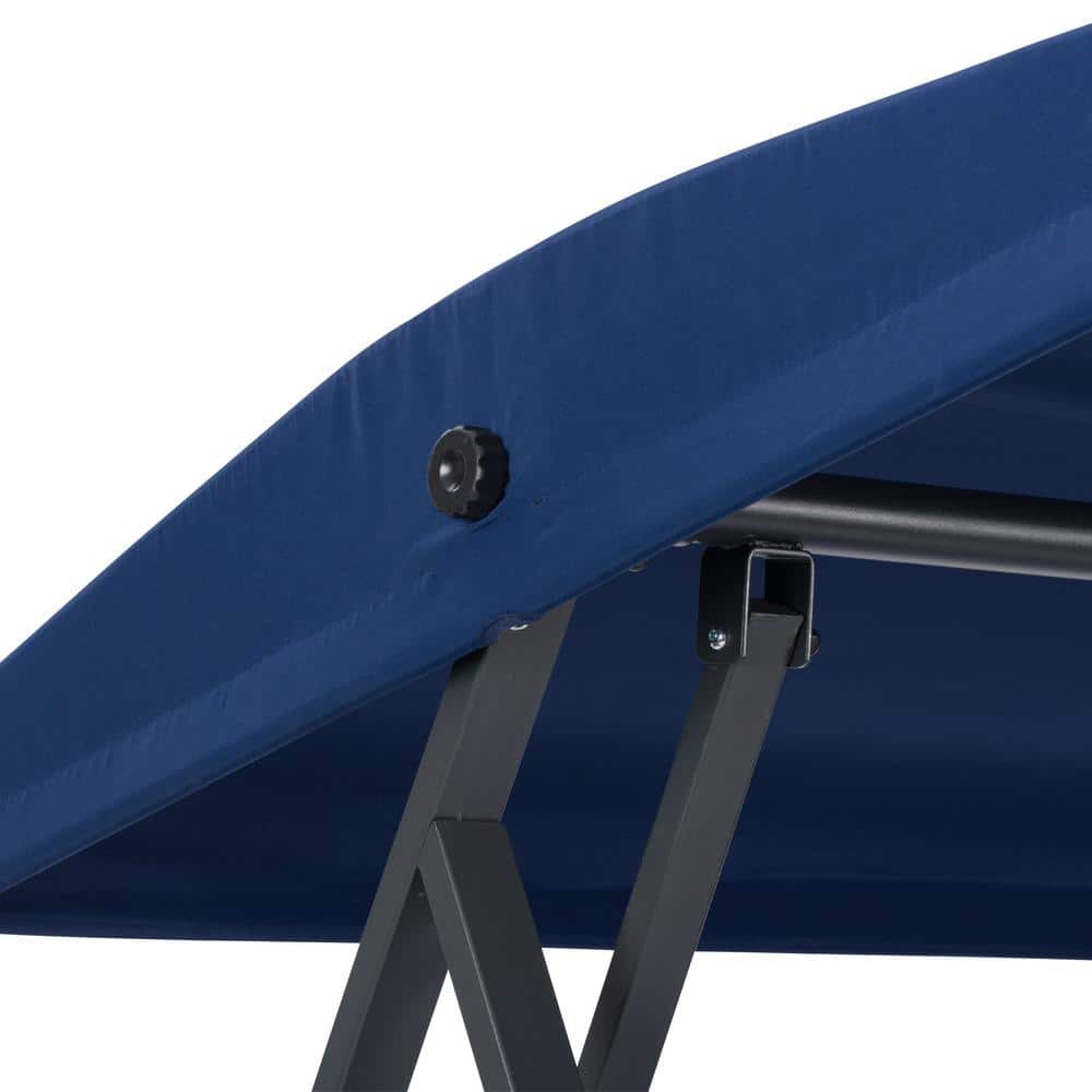 Flora Navy Blue 3-Seat Metal Patio Swing with Canopy and Striped Pillows