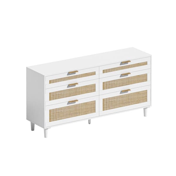 Tahanbath 6-Drawer Rattan Dresser with Metal Handles & Wood Legs-Versatile White Storage Solution for Bedroom & Hallway in White