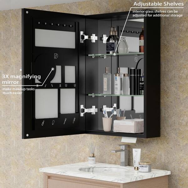 tunuo 18 in. W x 26.8 in. H Rectangular Aluminum Surface Mount Medicine Cabinet with Mirror, Tissue Drawer Hole, 3x Magnifier