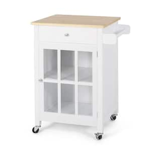 Small White Wood Tabletop 25 in. Kitchen Island with Glass Door