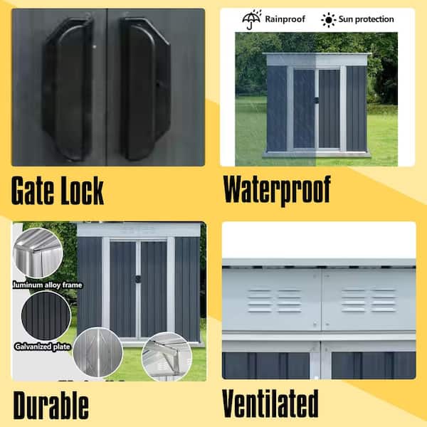 6 ft. x 4 ft. Outdoor Metal Storage Sheds Pent Roof Garden Tool House Room for Lawn Patio, Gray (24 sq. ft.)