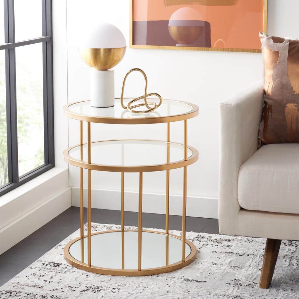 Gold and Clear Round Metal Glass Accent Table with Shelves