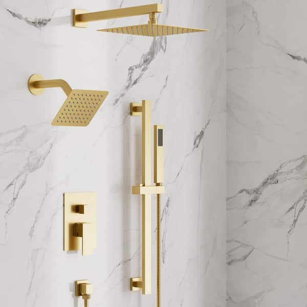 3-Spray 10 and 6 in. Wall Mount Dual Shower Heads and Handheld Shower Head in Brushed Gold (Valve Included)