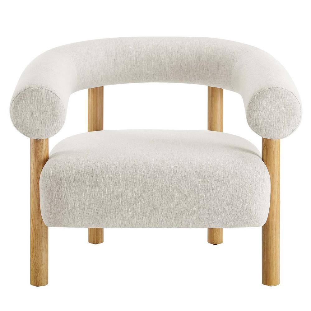 Ivory Natural Upholstered Leather Accent Chair with Wooden Legs