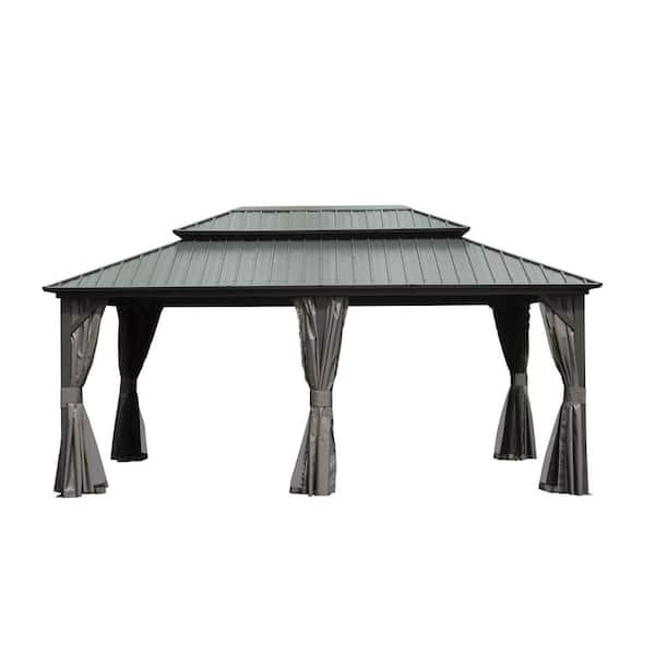 JimsMaison 12 ft. x 18 ft. Outdoor Gray Aluminum Hardtop Gazebo with Galvanized Steel Double Roof with Curtain and Netting