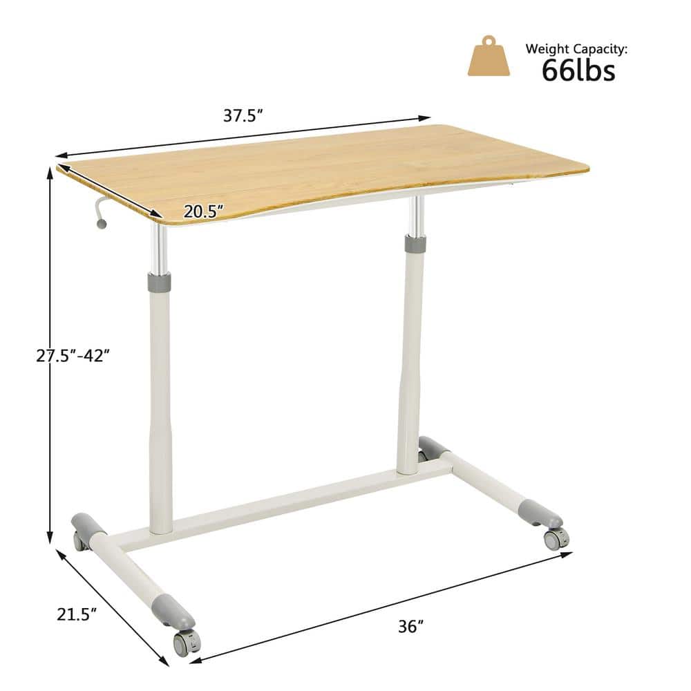 Adjustable Natural Wood and Metal U-Shaped Desk with Wheels