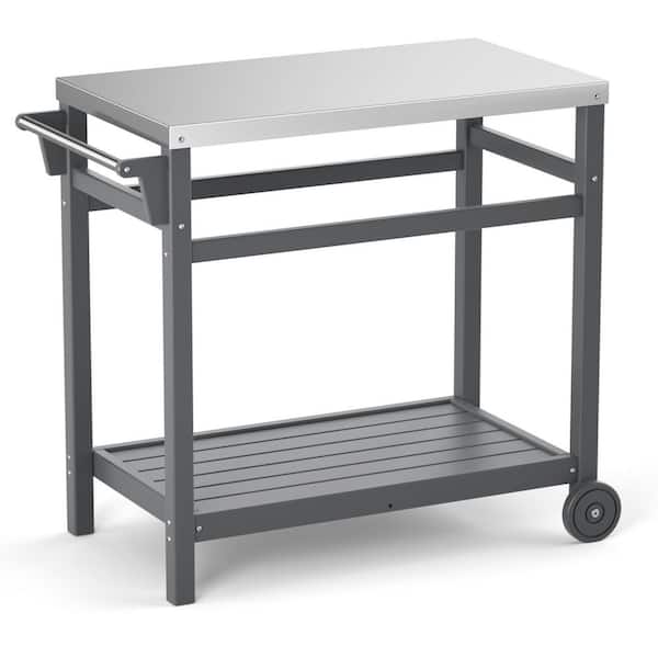Huluwat Gray Outdoor Movable Dining Cart Table with Stainless Steel Countertop