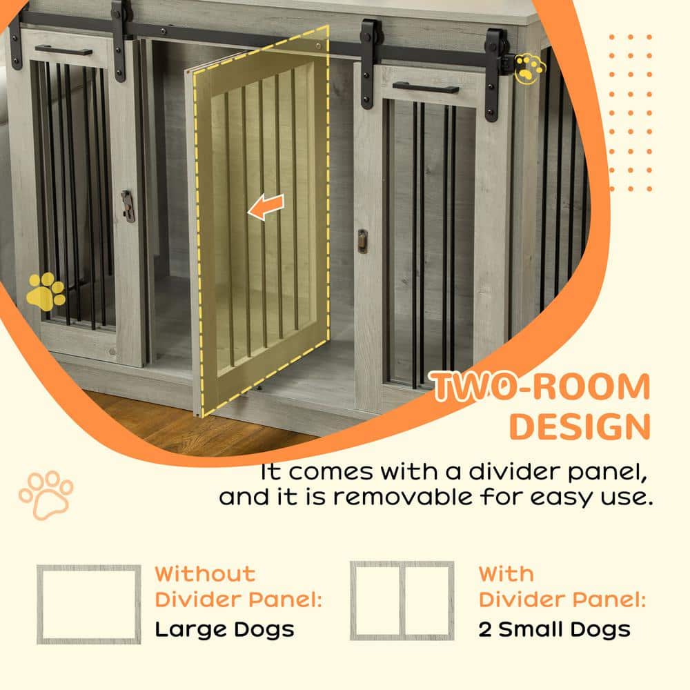 Large Gray Wood and Metal Dog Crate Table with Divider