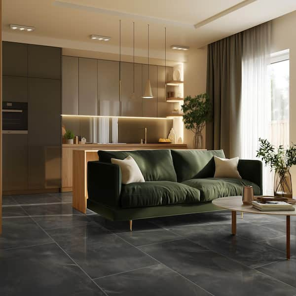 Raven Onyx 24 in. x 48 in. Polished Porcelain Stone Look Floor and Wall Tile (16 sq. ft. /Case)