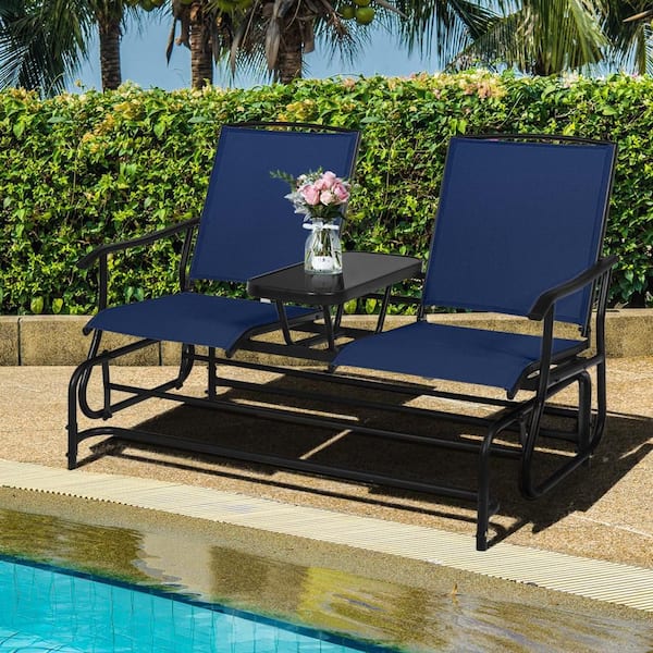 2-Person Navy Metal Outdoor Glider Chair Patio Double Loveseat Rocking