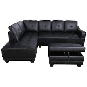 Mike 90 in. Round Arm 3-Piece Faux Leather L-Shaped Sectional Sofa in Black