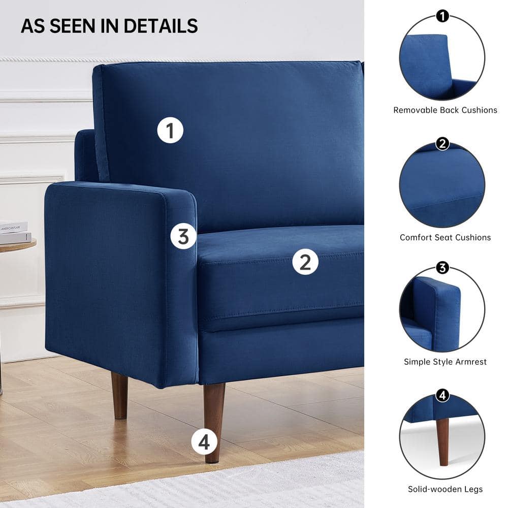 Modern Blue Velvet 57" Loveseat with Square Arms