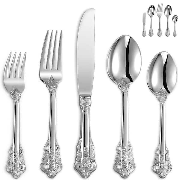 Luxury 45-Piece Silverware Set for 8 in 18/10 Stainless Steel, Mirror Finish, Antique Baroque Design