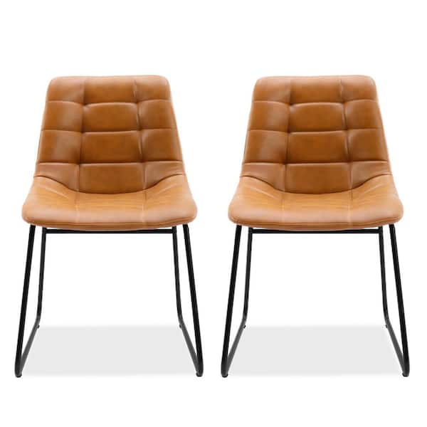 LUE BONA 31.89 in. Whiskey Brown Mid Century Modern Low Back Metal Frame Faux Leather Dining Chai (Set of 2)