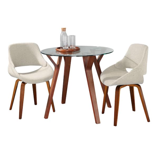 Folia-Fabrico 3-Piece Cream Noise Fabric and Walnut Wood Round Glass Top Dining Set (Seats 2)