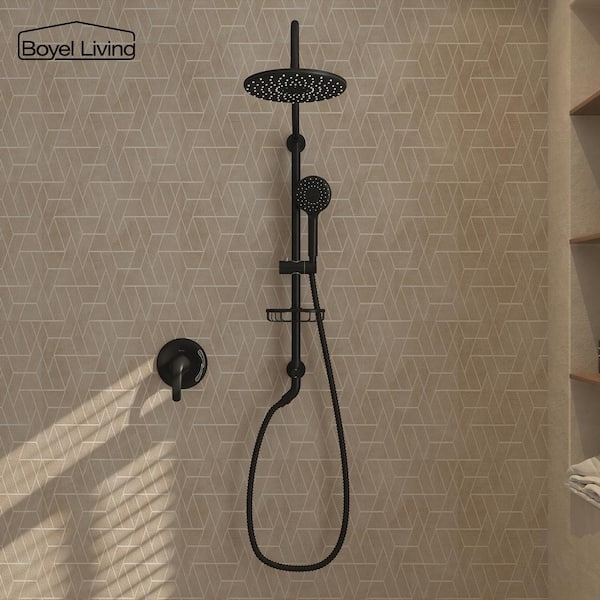 3-Spray Patterns with 1.8 GPM 10 in. Wall Mount Dual Shower Heads with Soap Dish and Rough-in Valve in Matte Black