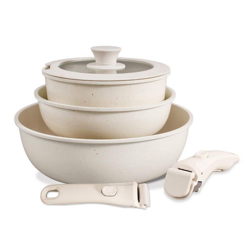6 Piece Nonstick Cream White Cookware Set with Removable Handles, Induction Compatible, Oven Safe, Stackable price history on PriceWatchPro