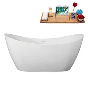 63 in. x 31 in. Acrylic Freestanding Soaking Bathtub in Glossy White With Brushed Gold Drain, Bamboo Tray