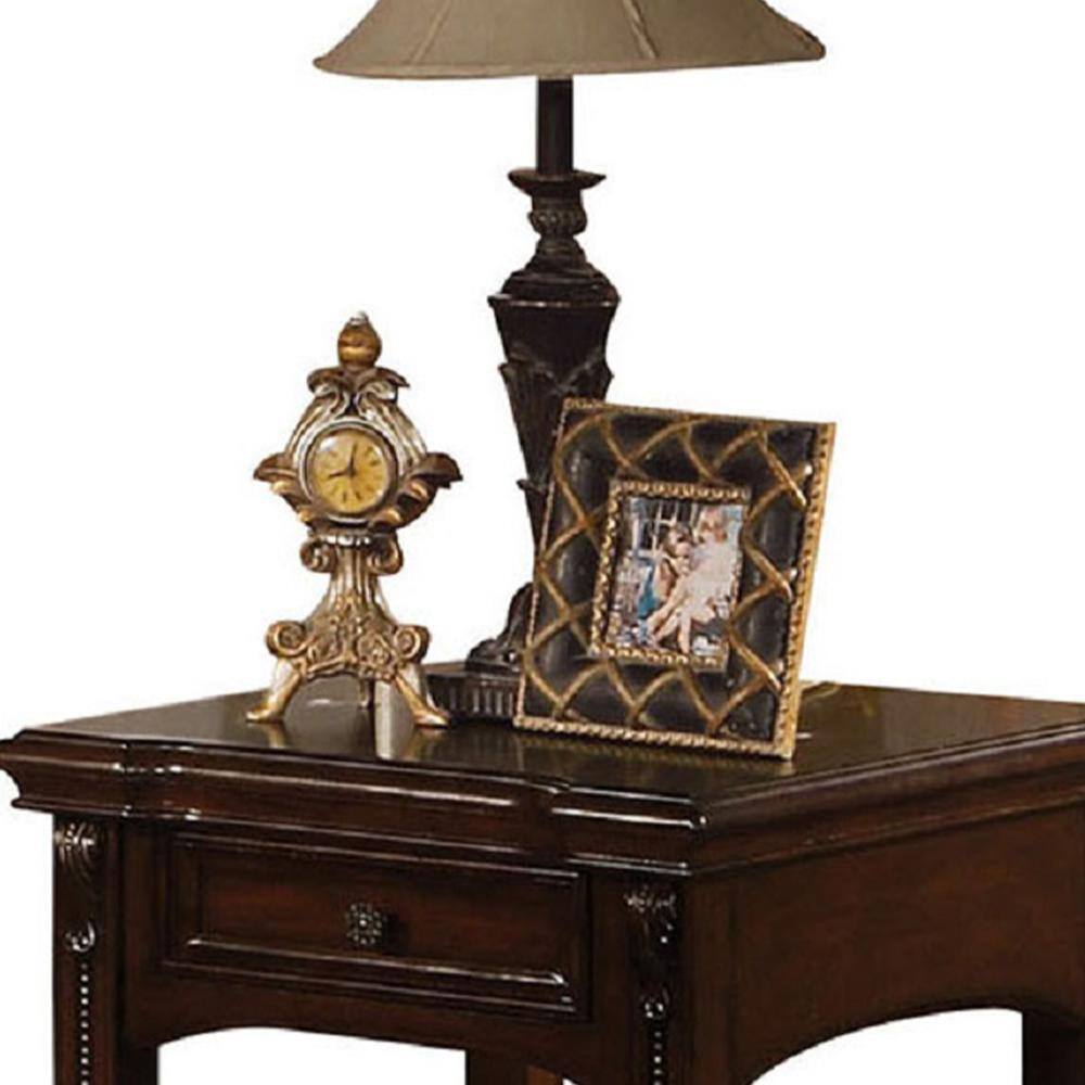 Cherry Brown Wooden End Table with Glass Top and Storage