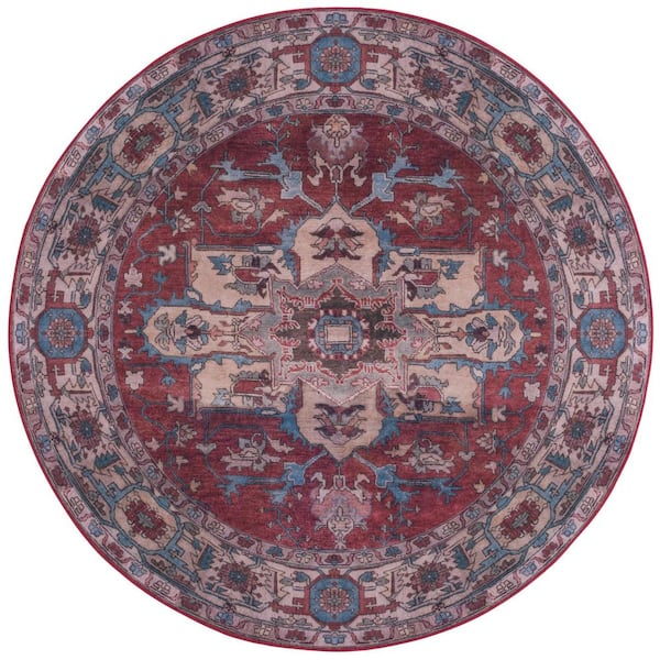 Tucson Red/Beige 5 ft. x 5 ft. Machine Washable Ornate Medallion Border Round Area Rug