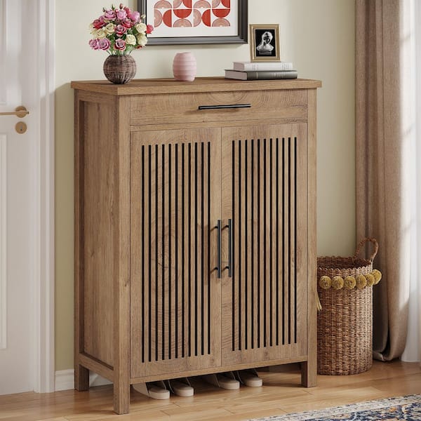 BYBLIGHT 43 in. H x 32 in. W Natural Color Wood Shoe Storage