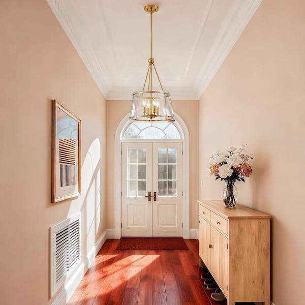 4 Light Brushed Gold Shaded Pendant Light with Clear Glass Shade