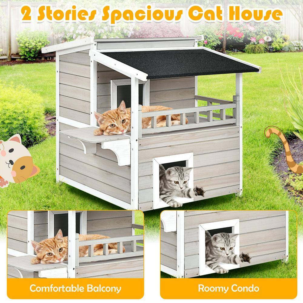Gray and White 2-Story Wooden Outdoor Cat House with Balcony