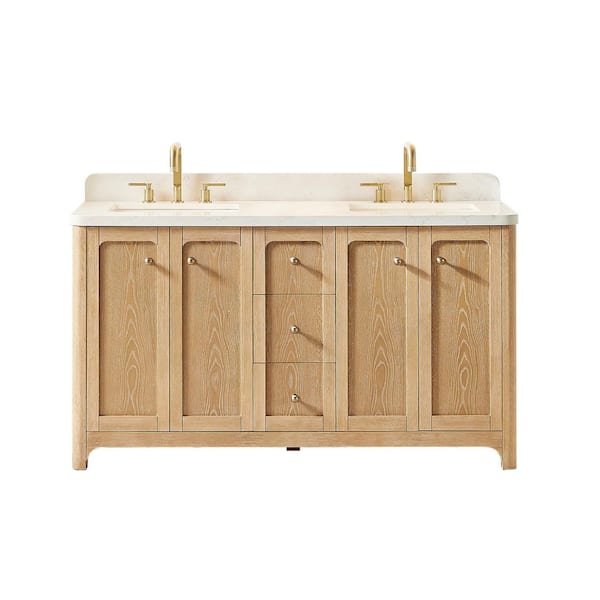 Milner 60 in. Double Freestanding Brushed Oak Bath Vanity with Grain White Engineered Stone Top Assembled