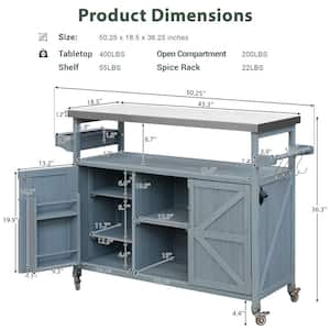 Gray Blue Wood 50 in. Kitchen Island with 5 Wheels, Wood Outdoor Grill Table, Spice Rack, Stainless Steel Top