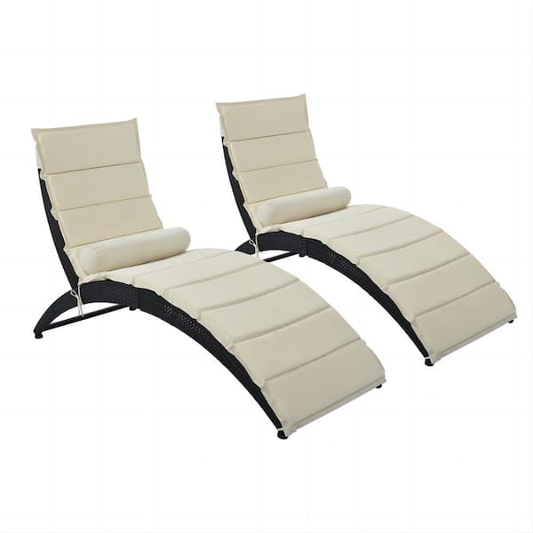 Polibi Black Frame Wicker Patio PE Rattan Foldable Outdoor Chaise Lounger with Beige Removable Cushion Set of 2
