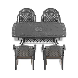 Isabella Black 5-Piece Cast Aluminum Outdoor Dining Set with Rectangle Table and Dining Chairs with Random Color Cushion