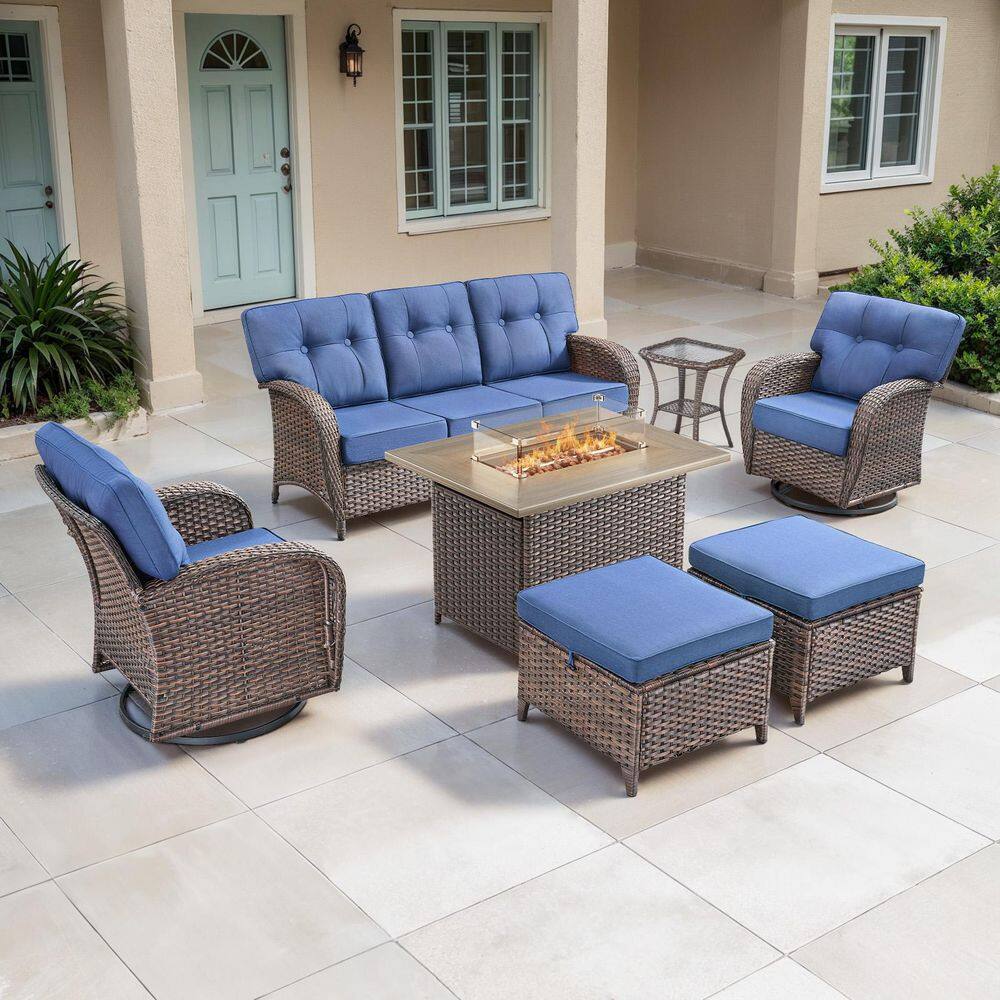 TWrap Brown 7-Piece Wicker Outdoor Patio Fire Pit Deep Seating Set with Navy Blue Cushions and Swivel Gliders price history on PriceWatchPro