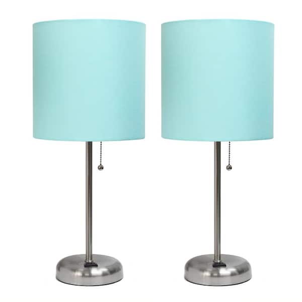19.5 in. 2-Pack Aqua Table Desk Lamp Set for Bedroom with Charging Outlet