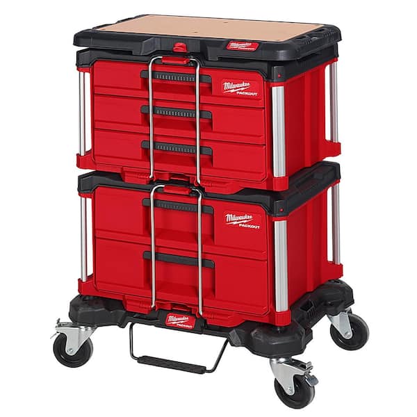 Milwaukee PACKOUT 2-Drawer and 3-Drawer Toolboxes with Dolly and Work Surface
