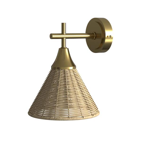 Houston 9 In 1-Light Brass Metal Wall Sconce Light with Natural Rattan Shade