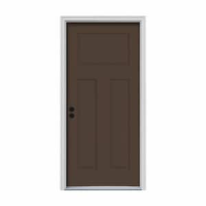 32 in. x 80 in. 3-Panel Craftsman Dark Chocolate Painted Steel Prehung Right-Hand Inswing Front Door w/Brickmould