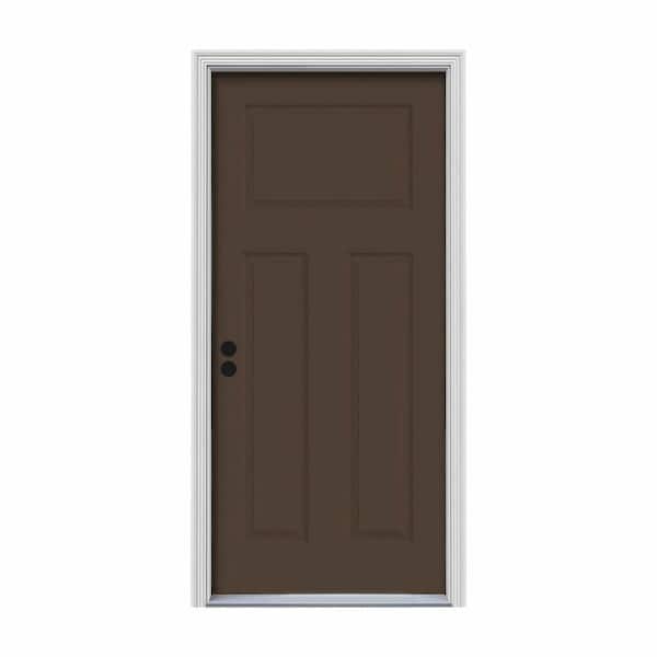 JELD-WEN 32 in. x 80 in. 3-Panel Craftsman Dark Chocolate Painted Steel Prehung Right-Hand Inswing Front Door w/Brickmould