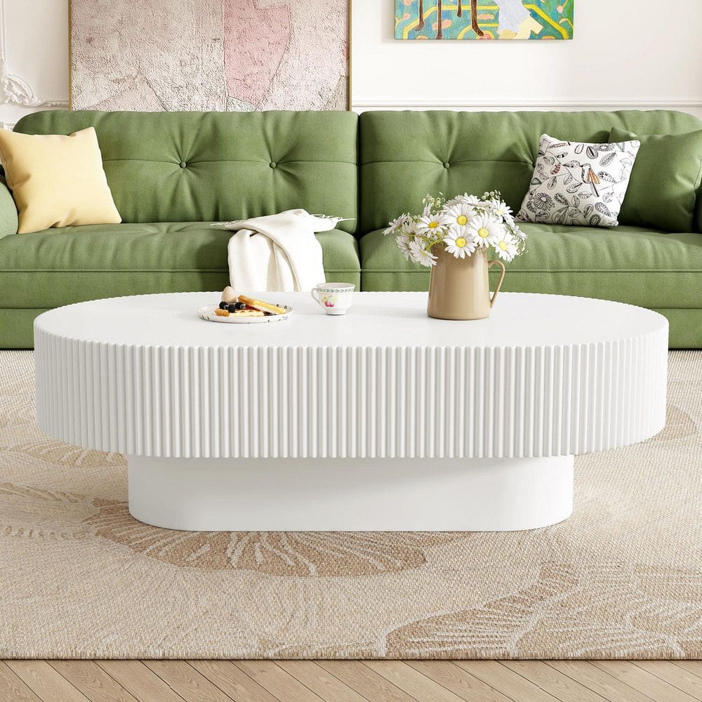 Korwyn Modern 43.3 in. Cream Style Drum White Oval Fluted MDF Coffee Table price history on PriceWatchPro